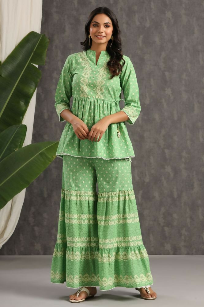Juniper Green Ethnic Motif Printed Pure Cotton Tunic & Sharara With Sequins & Lace Detail | Grocsy