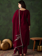 Sangria Floral Embroidered Straight Kurta & Trousers With Dupatta | Grocsy