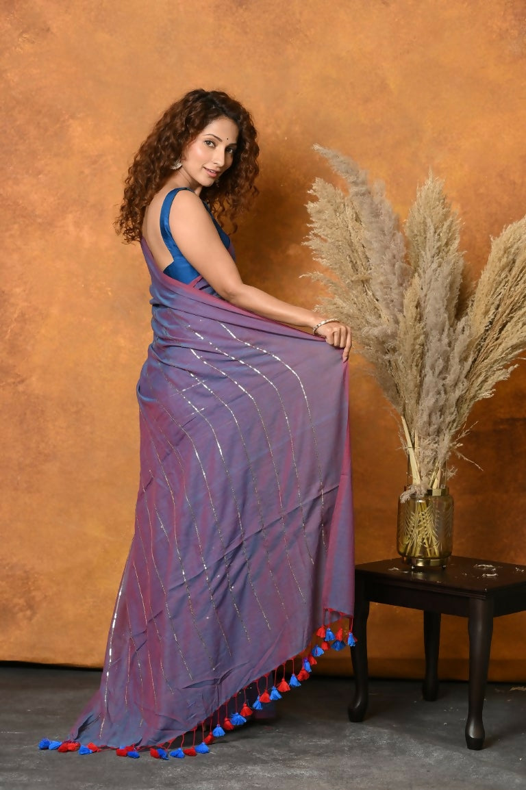 Very Much Indian Designer Mul Cotton Handloom Saree with Sequins - Purple | Grocsy
