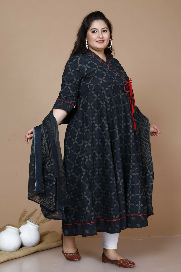 Miravan Women's Plus Size Abstract Printed & Tasseles Angrakha Kurta With Blue Dupatta Set | Grocsy