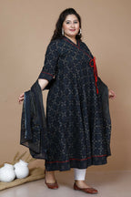 Miravan Women's Plus Size Abstract Printed & Tasseles Angrakha Kurta With Blue Dupatta Set | Grocsy
