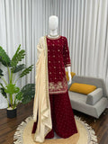 Vastranavya Maroon Viscose Velvet Intricate Thread & Sequence With Pearl Work Top Palazzo With Dupatta | Grocsy