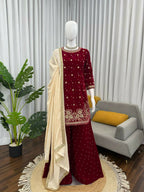 Vastranavya Maroon Viscose Velvet Intricate Thread & Sequence With Pearl Work Top Palazzo With Dupatta | Grocsy