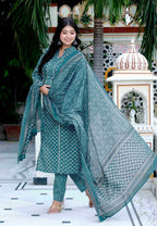 Miravan Women's Cotton Straight Style Blue Kurta With Palazzo And Dupatta | Grocsy