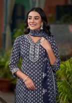 Juniper Women's Navy Ethnic Motif Printed Cotton Kurta Pant And Dupatta Set With Mirror Work & Sequins | Grocsy