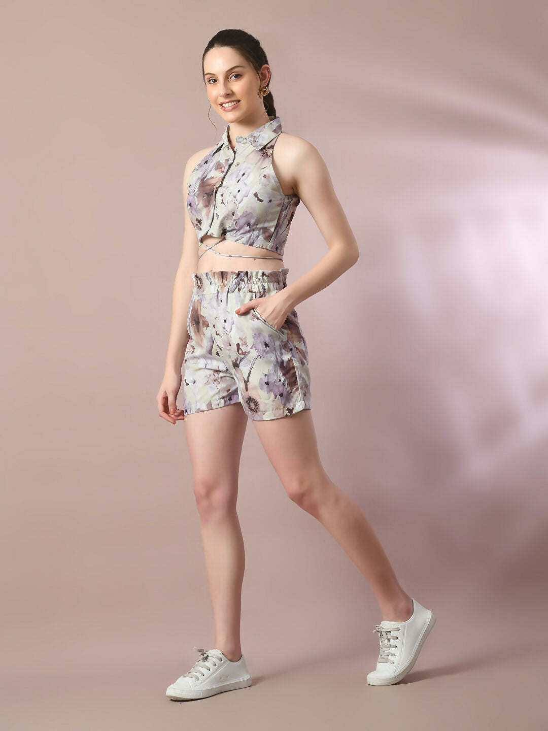 Myshka Women's Multi Printed Shirt Collar Party Top With Shorts Co-ord set | Grocsy