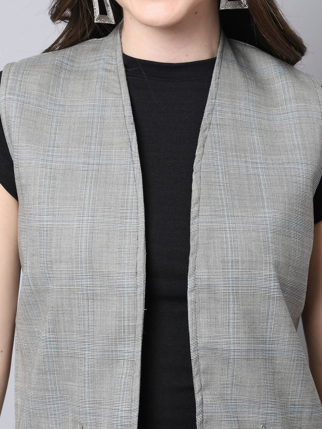 Even Apparels Grey Polywool Open Front Checked Women's Long Coat | Grocsy