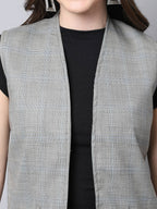 Even Apparels Grey Polywool Open Front Checked Women's Long Coat | Grocsy