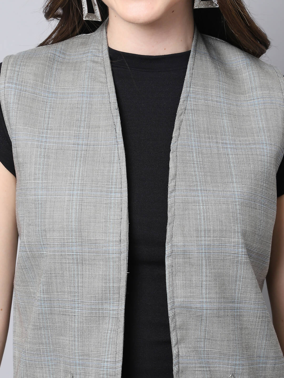 Even Apparels Grey Polywool Open Front Checked Women's Long Coat | Grocsy