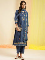 Blue Chinon Embroidered Straight Kurta with Trouser & Dupatta - Salimar | Grocsy