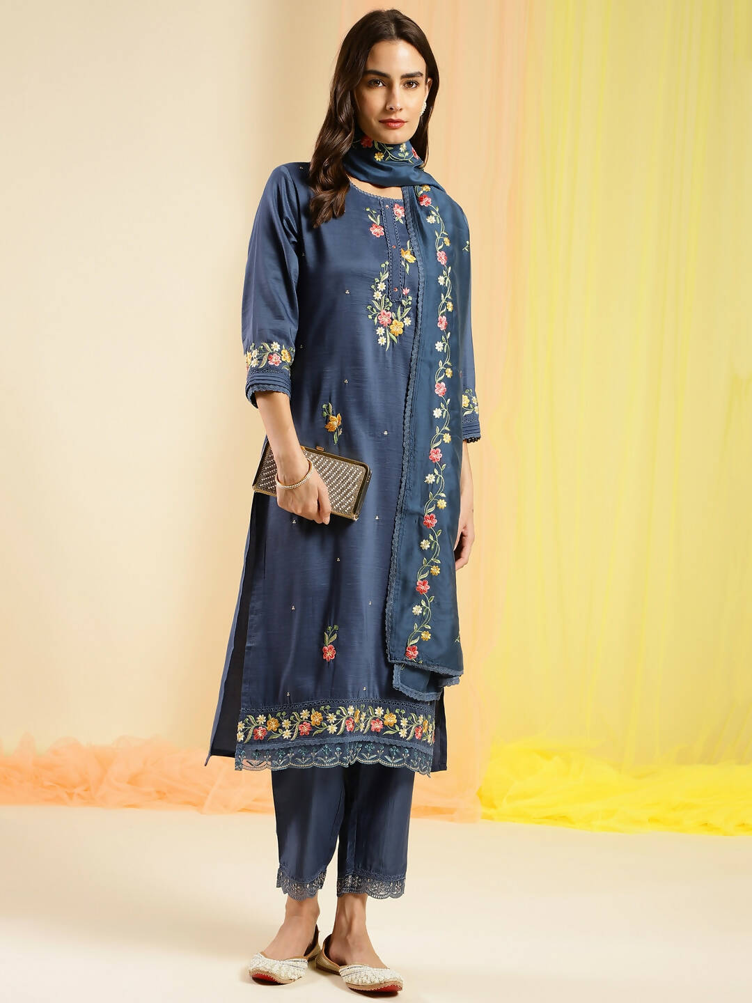 Blue Chinon Embroidered Straight Kurta with Trouser & Dupatta - Salimar | Grocsy