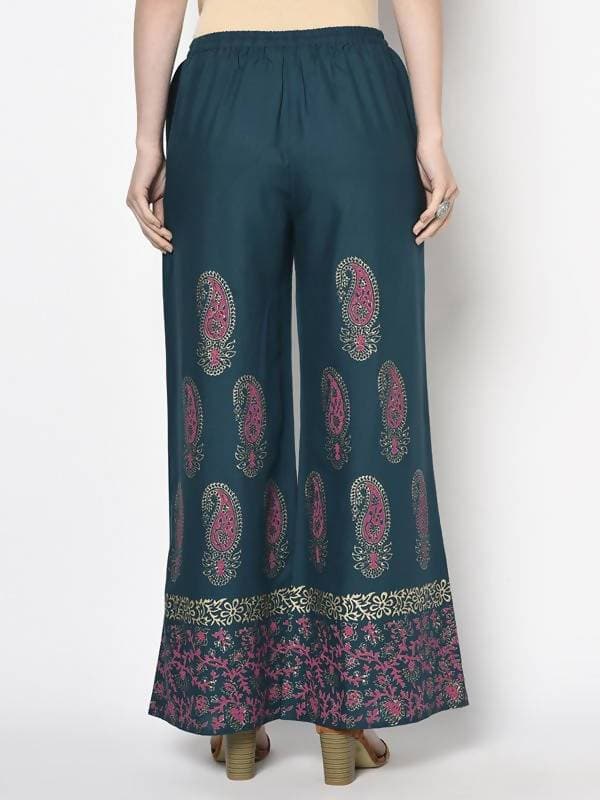 Aniyah Rayon Teal Blue Color Block Print Flared Slip-On Palazzo (AN-222K) | Grocsy