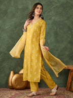 The52 Women's Gorgeous Rayon Fabric Printed Work Straight Kurta Pant and Dupatta Set-Yellow | Grocsy