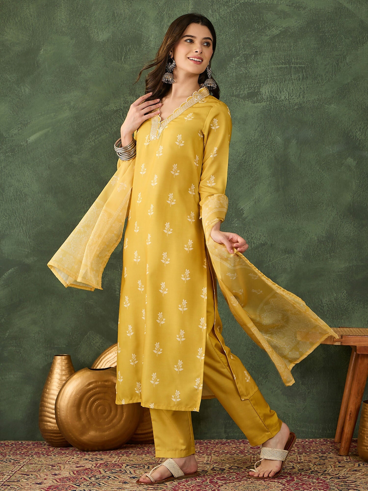 The52 Women's Gorgeous Rayon Fabric Printed Work Straight Kurta Pant and Dupatta Set-Yellow | Grocsy