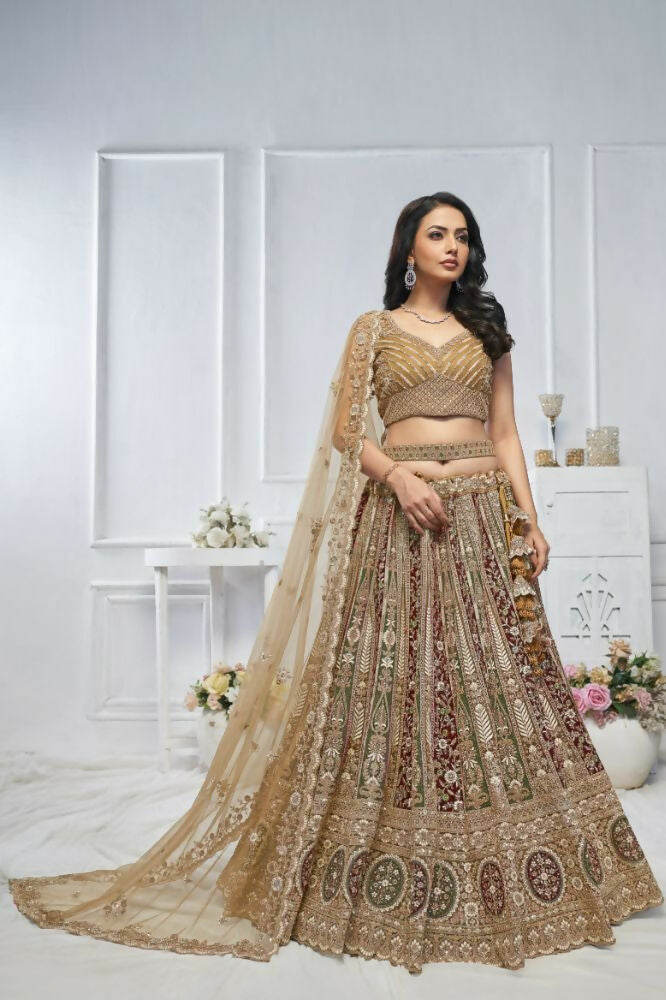 Kesar Fab Golden Net Embroidered Lehenga | Grocsy