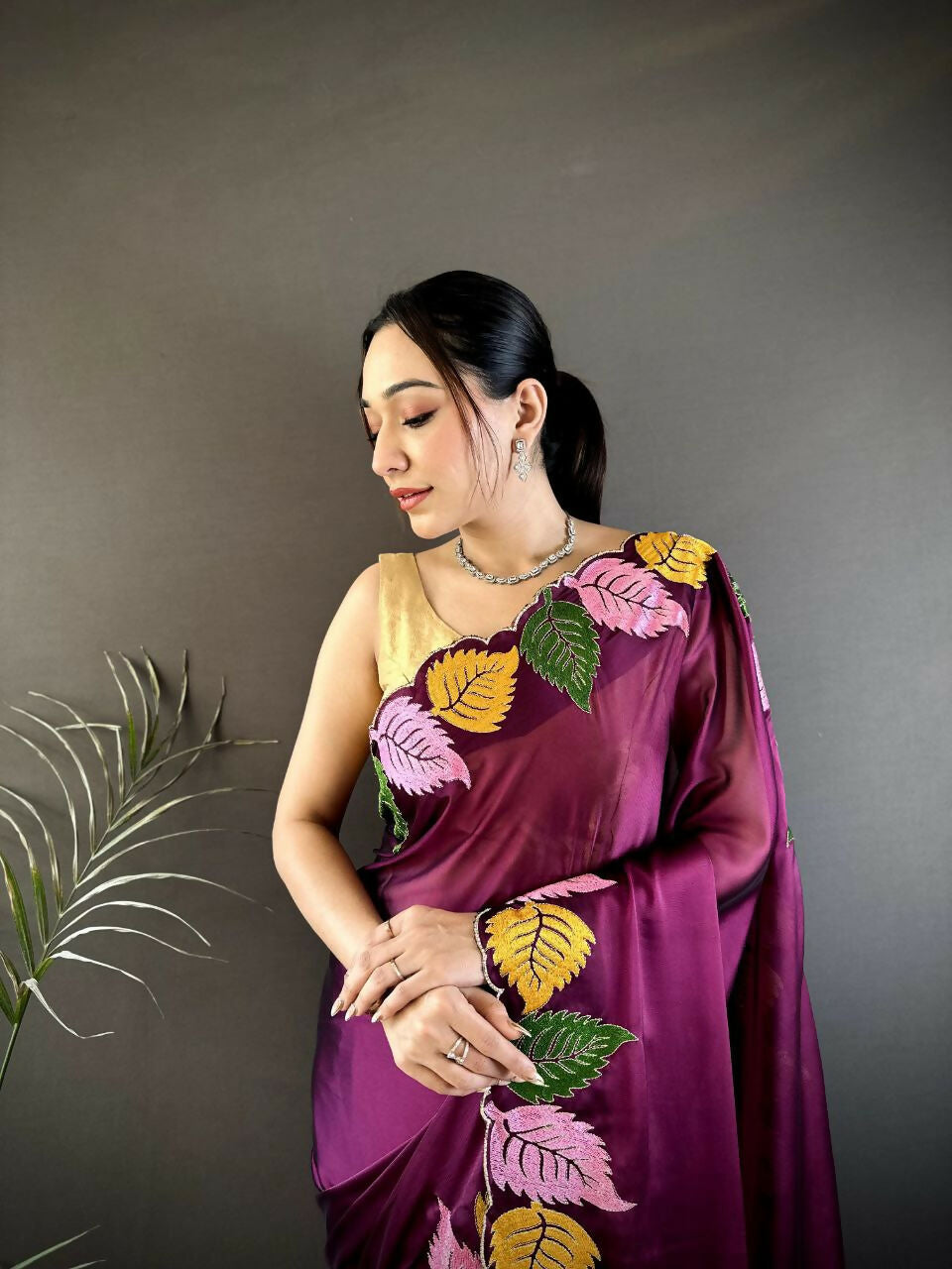 Prime Volt Multicolor Leaf Embroidery Rangoli Silk Saree with Scalloped Border-Purple | Grocsy