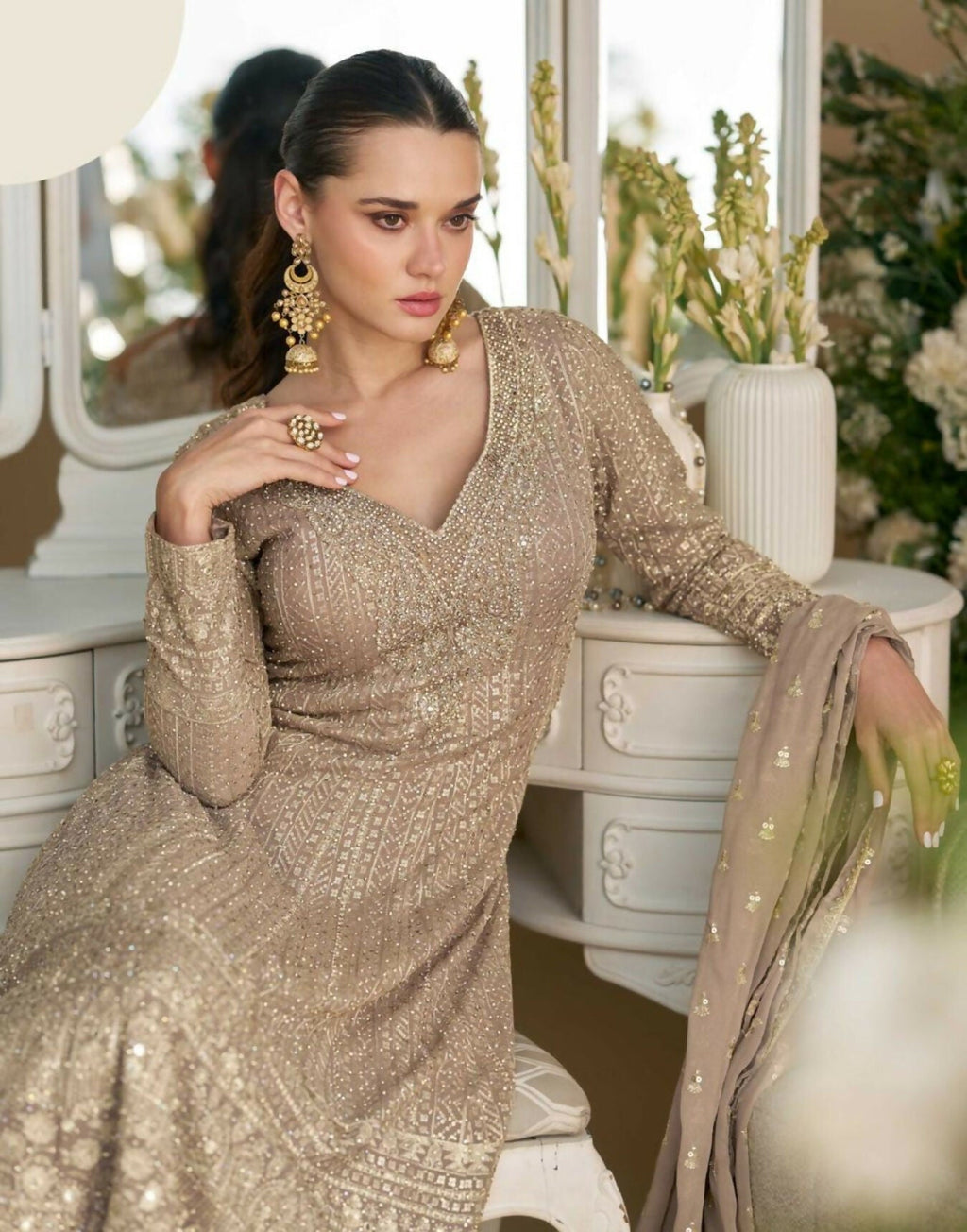 Anaita Beige Heavy Georgette Stitched Suit with Sequence & Diamond work | Grocsy