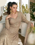 Anaita Beige Heavy Georgette Stitched Suit with Sequence & Diamond work | Grocsy