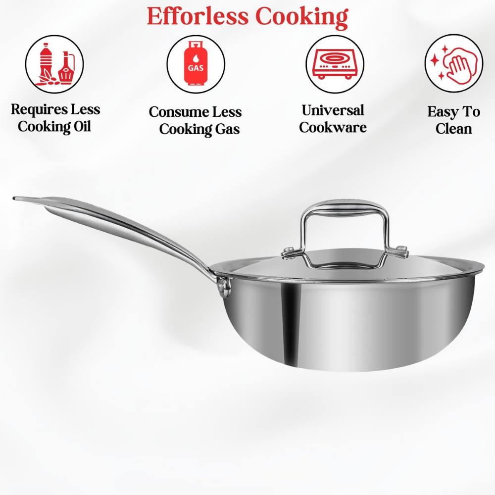Vinod Platinum Triply Stainless Steel Deep Frying Pan with Lid | Grocsy