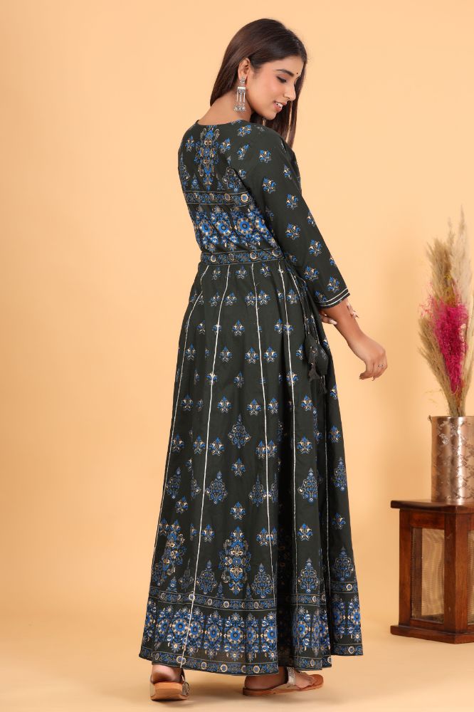 Kaajh Women's Green Gold Print Embellishment Anarkali Kurta | Grocsy