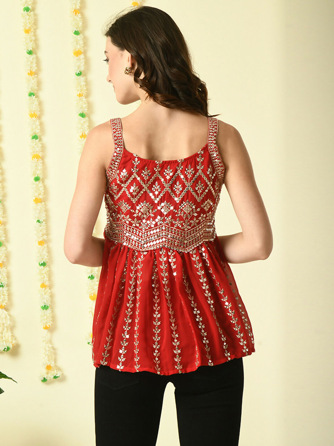 Myshka Women's Red Embroidered Party Fusion Top | Grocsy