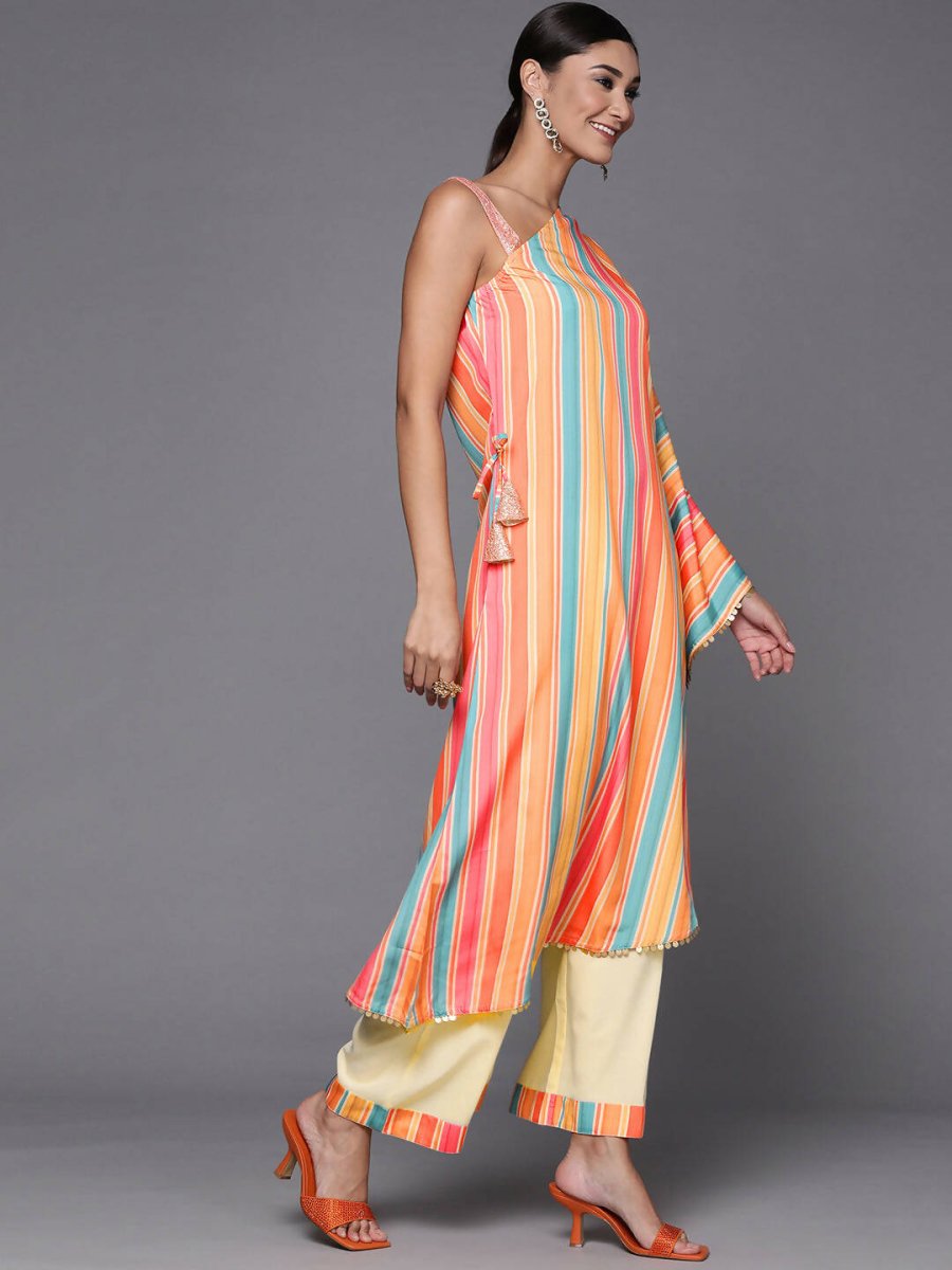 Ahalyaa Peach-Coloured & Blue Printed Striped Asymmetric Taselled Kaftan Kurta Palazzos | Grocsy