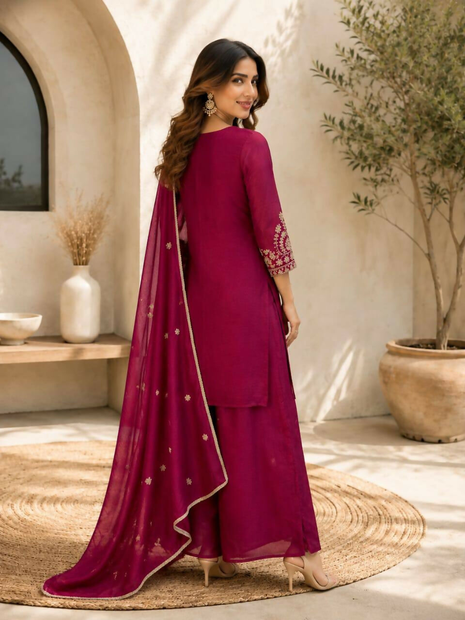 Teeya Creation Wine Embroidered Silk Palazzo Suit With Dupatta | Grocsy