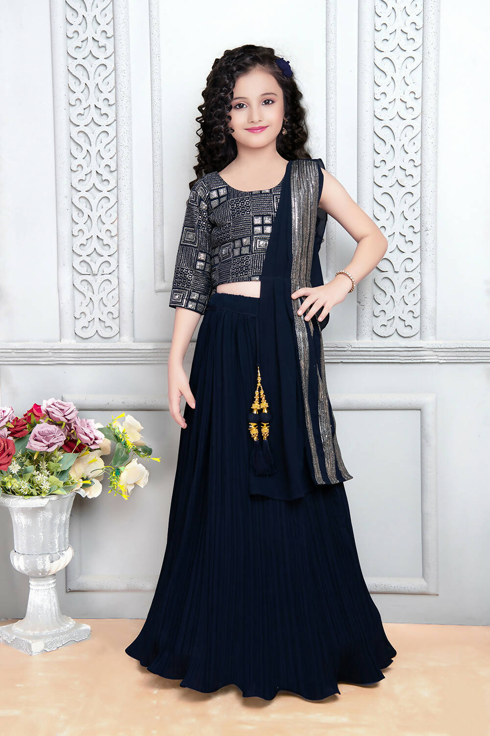 Kids Wedding Designer Navy Blue Heavy Georgette Lehenga Choli - Aaradhna | Grocsy