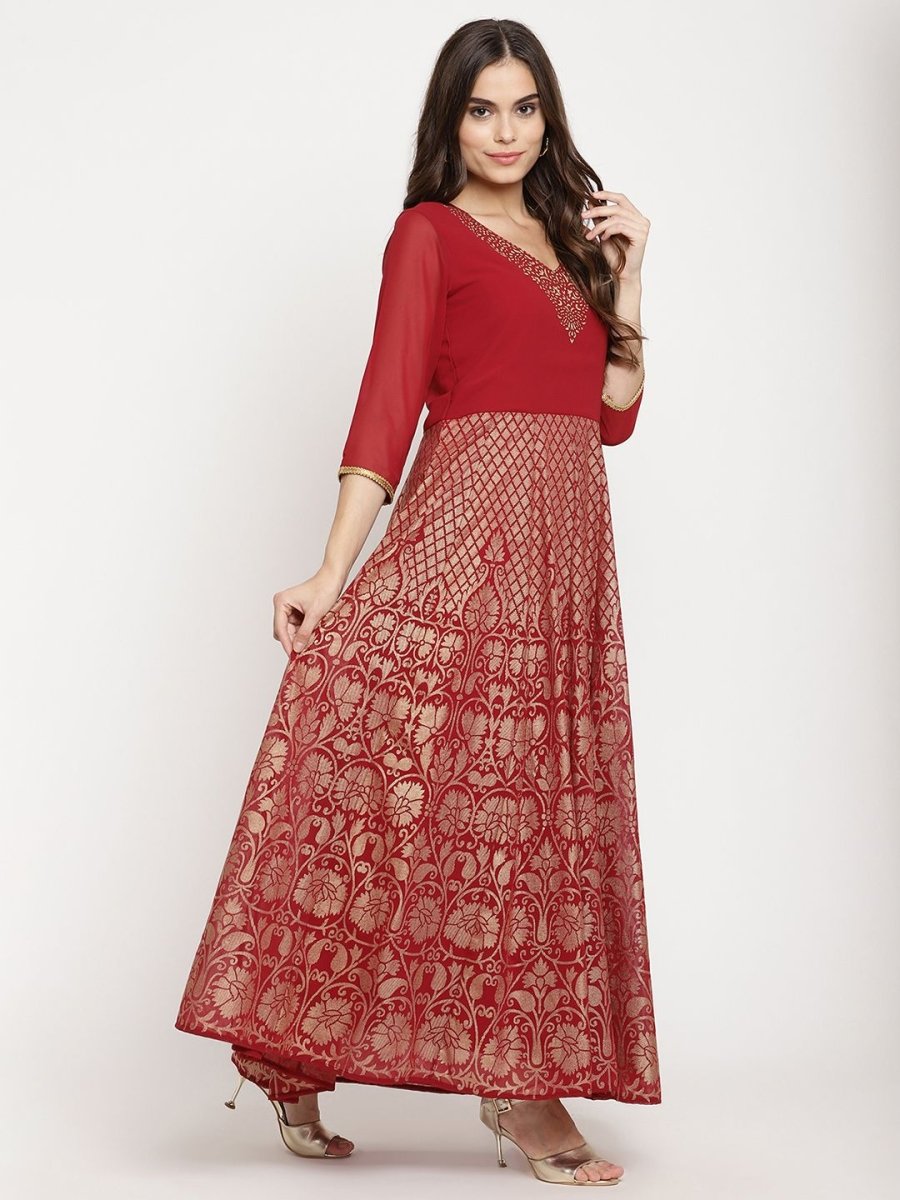 Ahalyaa Women's Maroon Georgette Gold Foil Print Flared Kurta With Dupatta | Grocsy