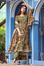 Yufta Women Green Printed Kurta With Trouser & Dupatta | Grocsy