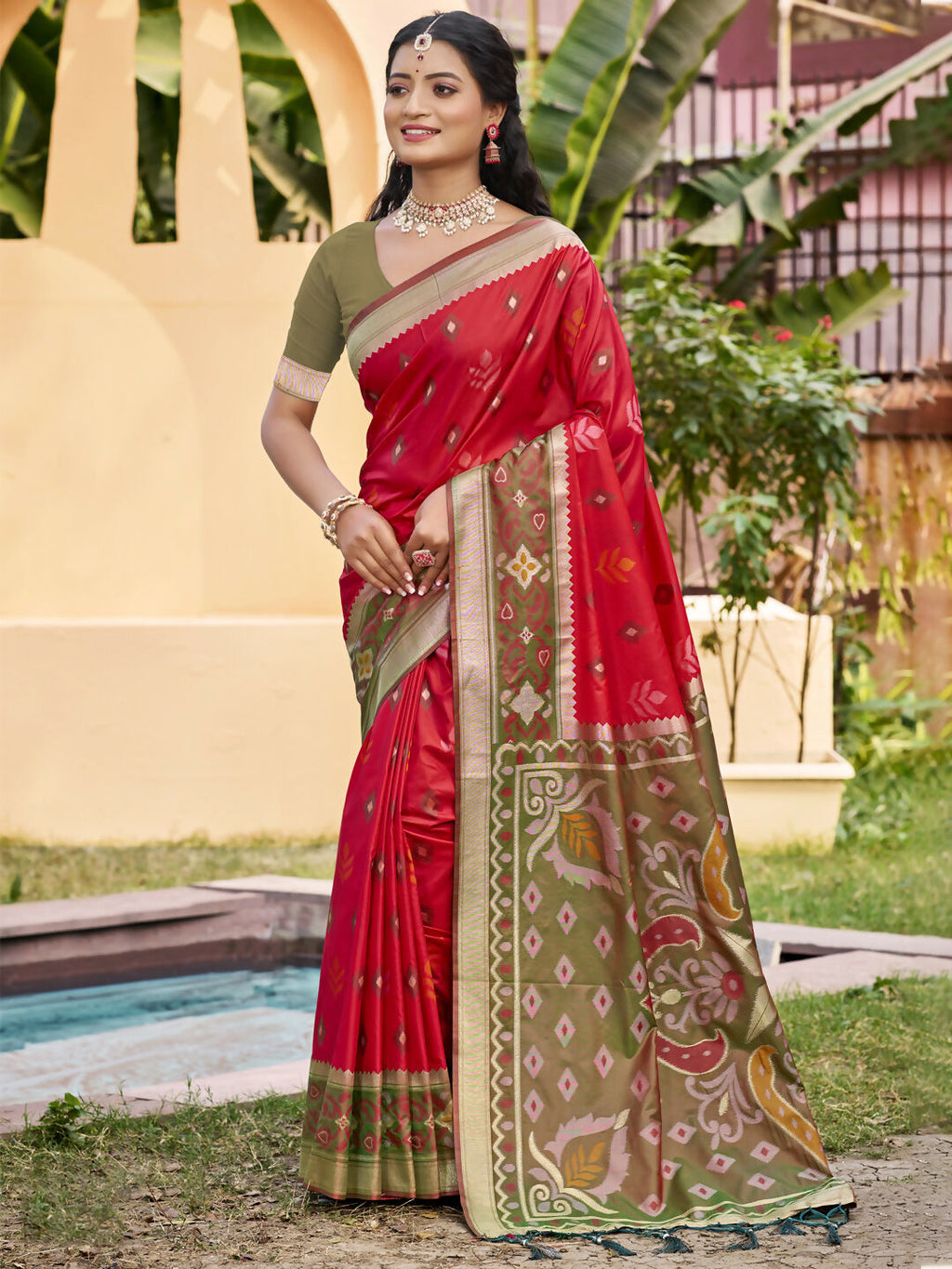 Shree Shyam Fashion Red Pochampally Silk Saree | Grocsy