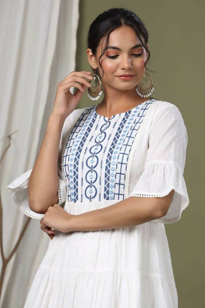 Juniper White Cotton Dobby Festive Embroidered Tiered Dress For Women | Grocsy