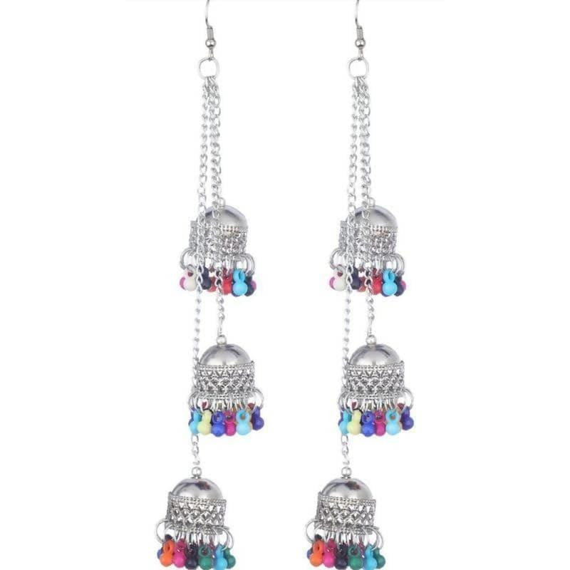 MS Fashion India Antique Triple Afghani Kashmiri Tribal Oxidized Long Chain Jhumka Earrings | Grocsy