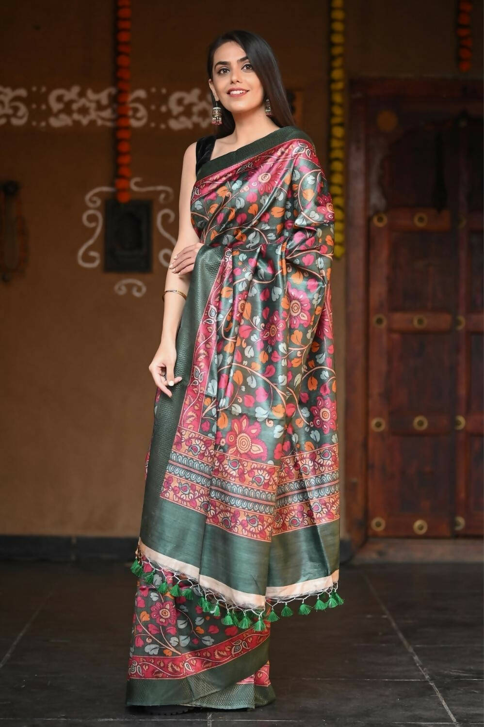 Very Much Indian Handloom Pure Tussar Silk With Floral Prints - Green | Grocsy