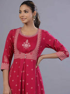 Juniper Women Fuchsia Rayon Printed A-Line Kurta | Grocsy