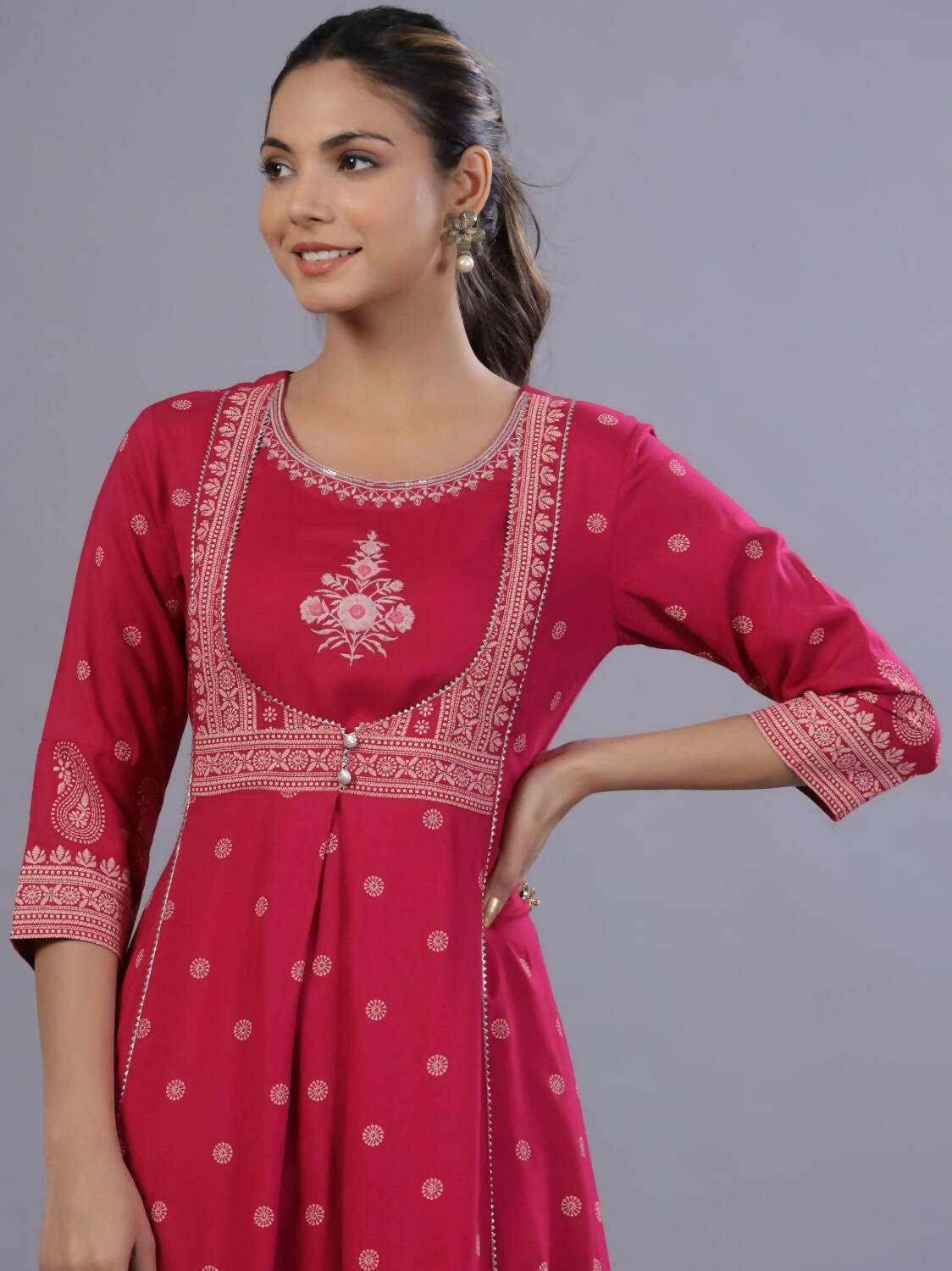 Juniper Women Fuchsia Rayon Printed A-Line Kurta | Grocsy