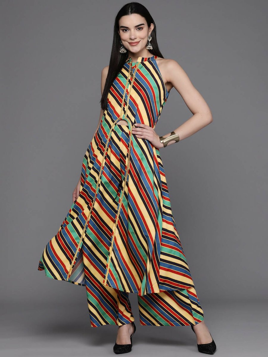 Ahalyaa Women Striped High Slit Kurta with Palazzos - Green Color | Grocsy