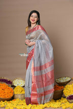 Very Much Indian Rajsi - Handloom Ari Checks Cotton Silk Saree With Golden Border - Grey | Grocsy
