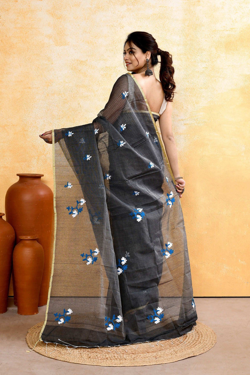Piyari Fashion Women's Grey Embellished Cotton Blend Embroidery Saree | Grocsy
