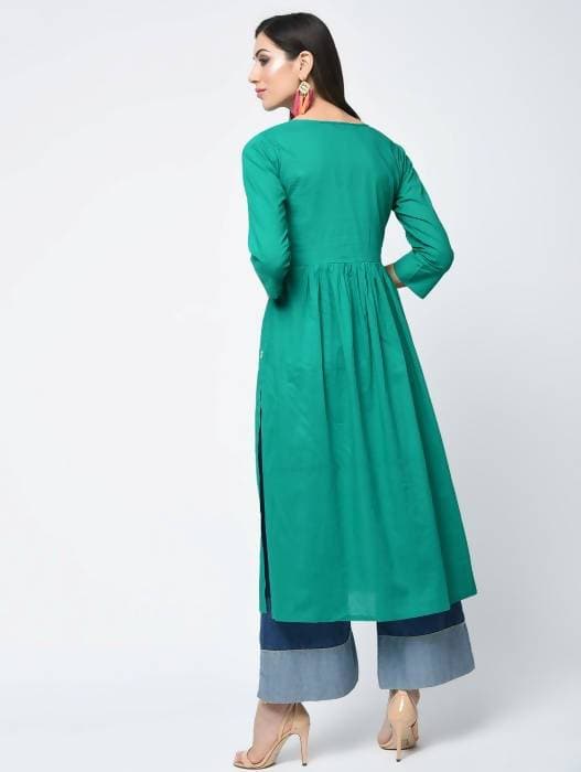 Aniyah Cotton Solid Flared Kurta With Key Hole Neck In Turquoise (AN-104K) | Grocsy