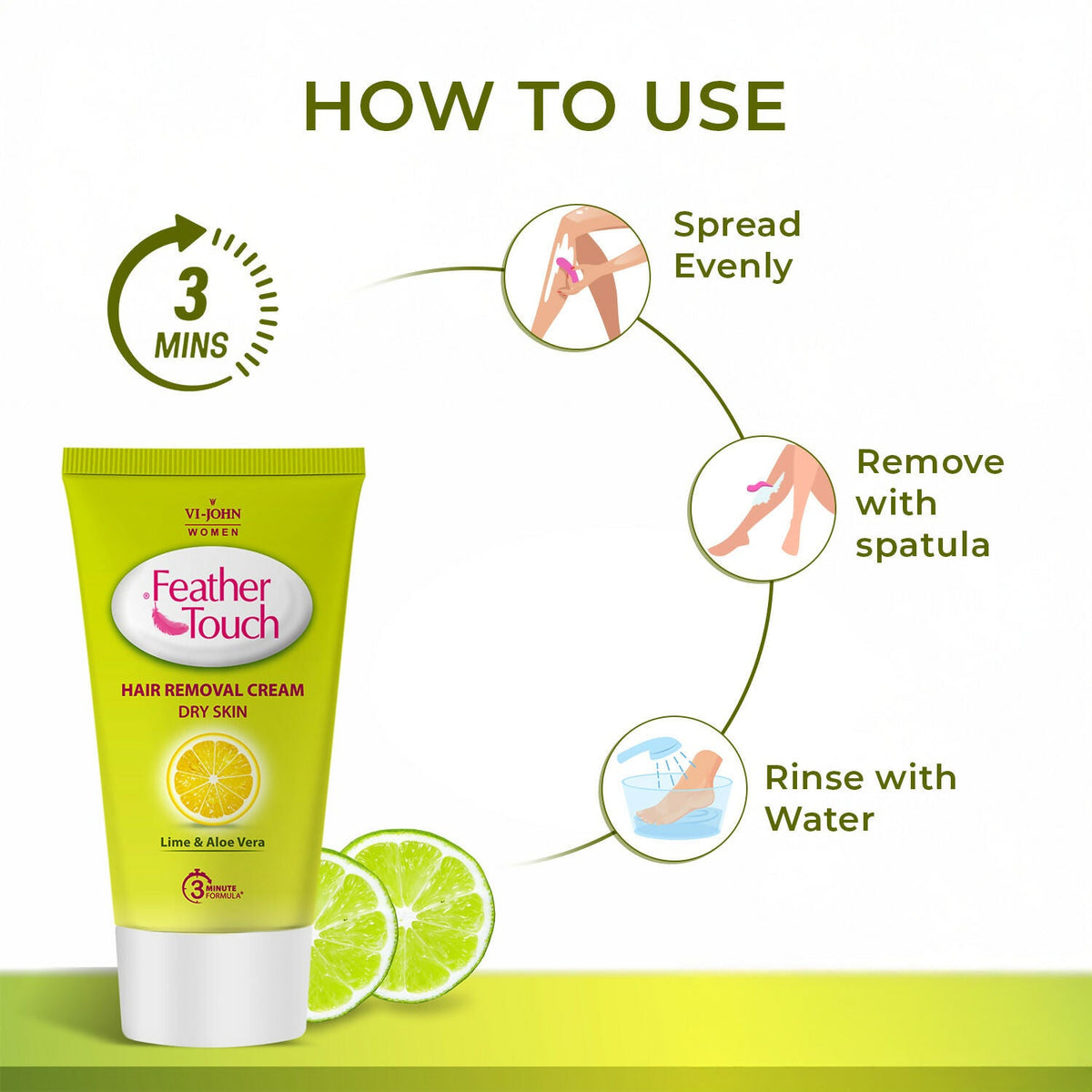 VI-JOHN Feather Touch Lime & Aloevera Hair Removal Cream for Women for Dry Skin, Suitable for Legs, Underarms, Bikini Line, Arms | Grocsy
