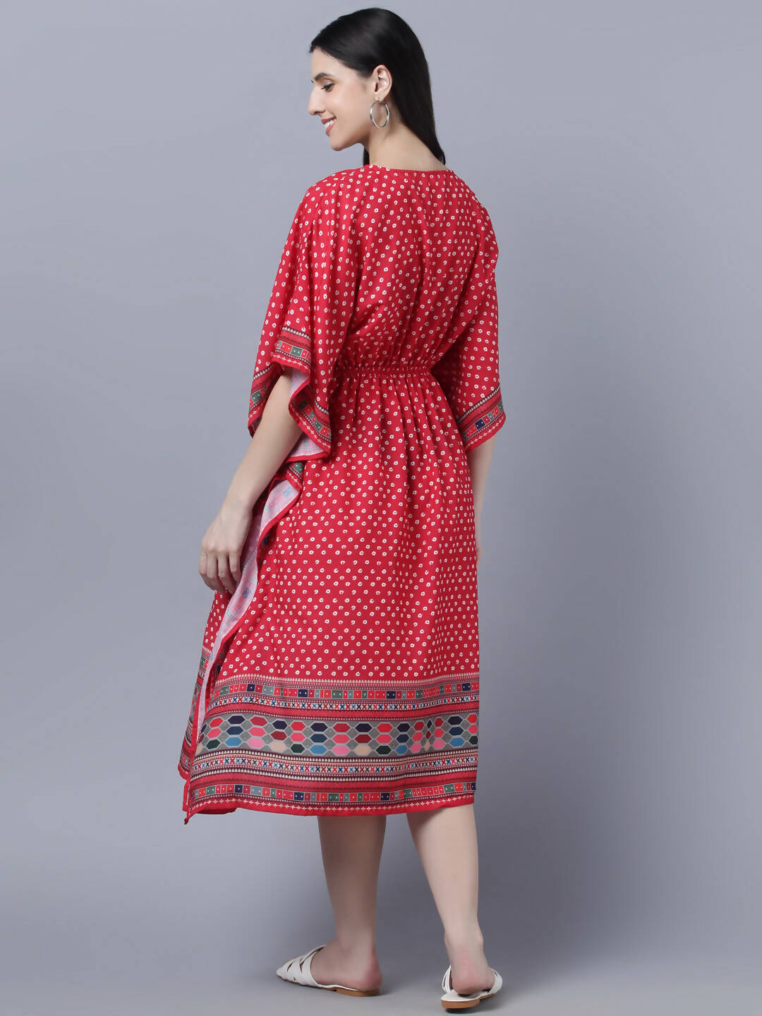 Myshka Women's Red White Ethnic Motifs Printed Kaftan Midi Dress | Grocsy