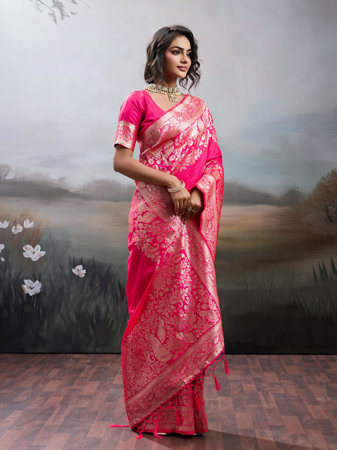 Shree Shyam Fashion Pink Silk Blend Saree | Grocsy