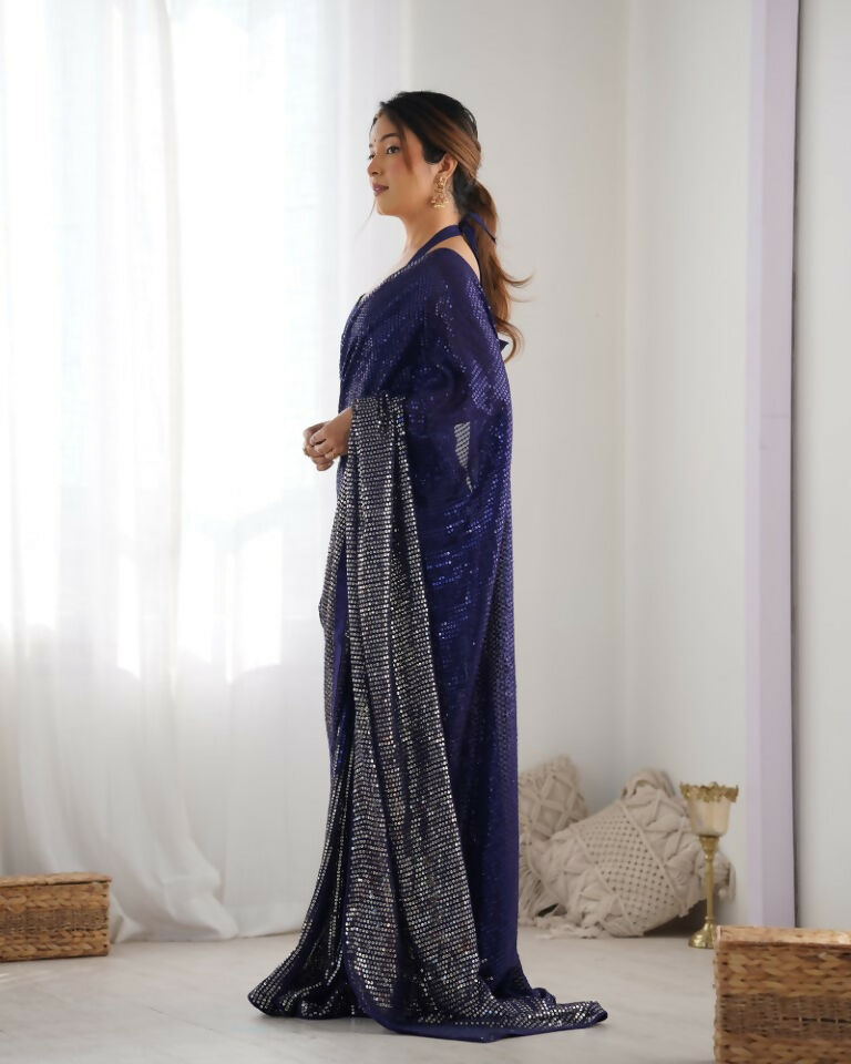 Blue Georgette Designer Sequence Embroidery Work Saree - Sitare | Grocsy