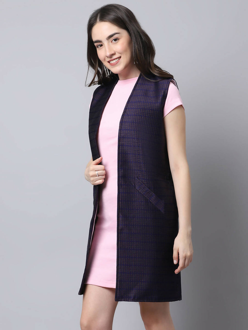 Even Apparels Navy Bansari Silk Open Front Women's Long Coat | Grocsy