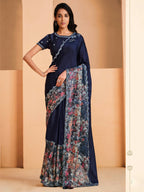 Blue Satin Crepe Silk Sequence Embroidered Saree With Unstitched Blouse - Mohmanthan Yavanika | Grocsy