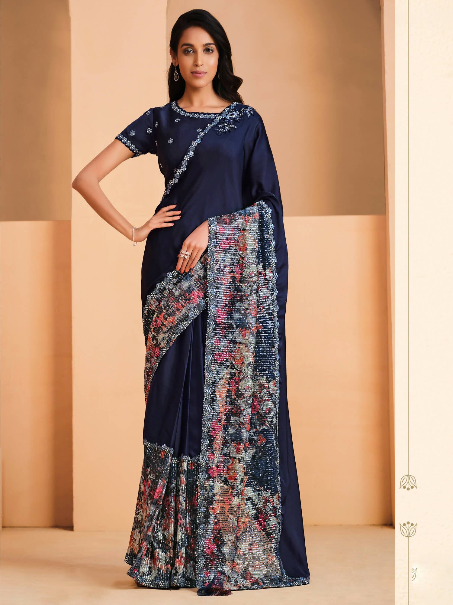 Blue Satin Crepe Silk Sequence Embroidered Saree With Unstitched Blouse - Mohmanthan Yavanika | Grocsy