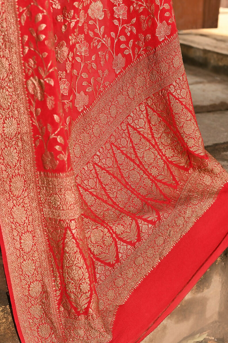 Joban Fashion Red Crepe Chiffon Banarasi Pure Handloom Banarasi Silk Saree | Grocsy