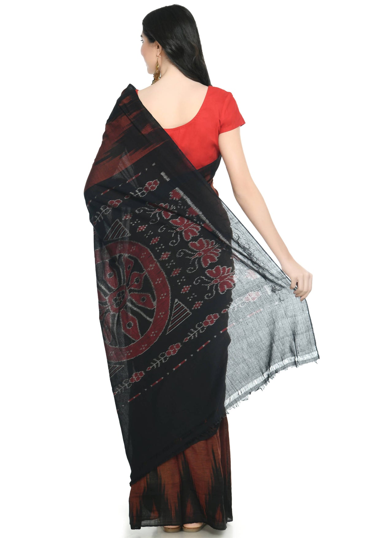 Vamika Sambalpuri Ikat Cotton Kargil Brown & Black Saree | Grocsy
