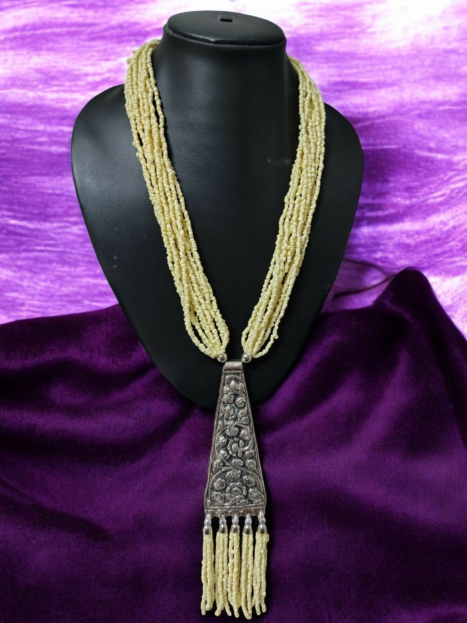 Inhanns Day-To-Dinner Tie Shaped Oxidized Black Metal Multi-Layered Long Only Necklace - Cream | Grocsy